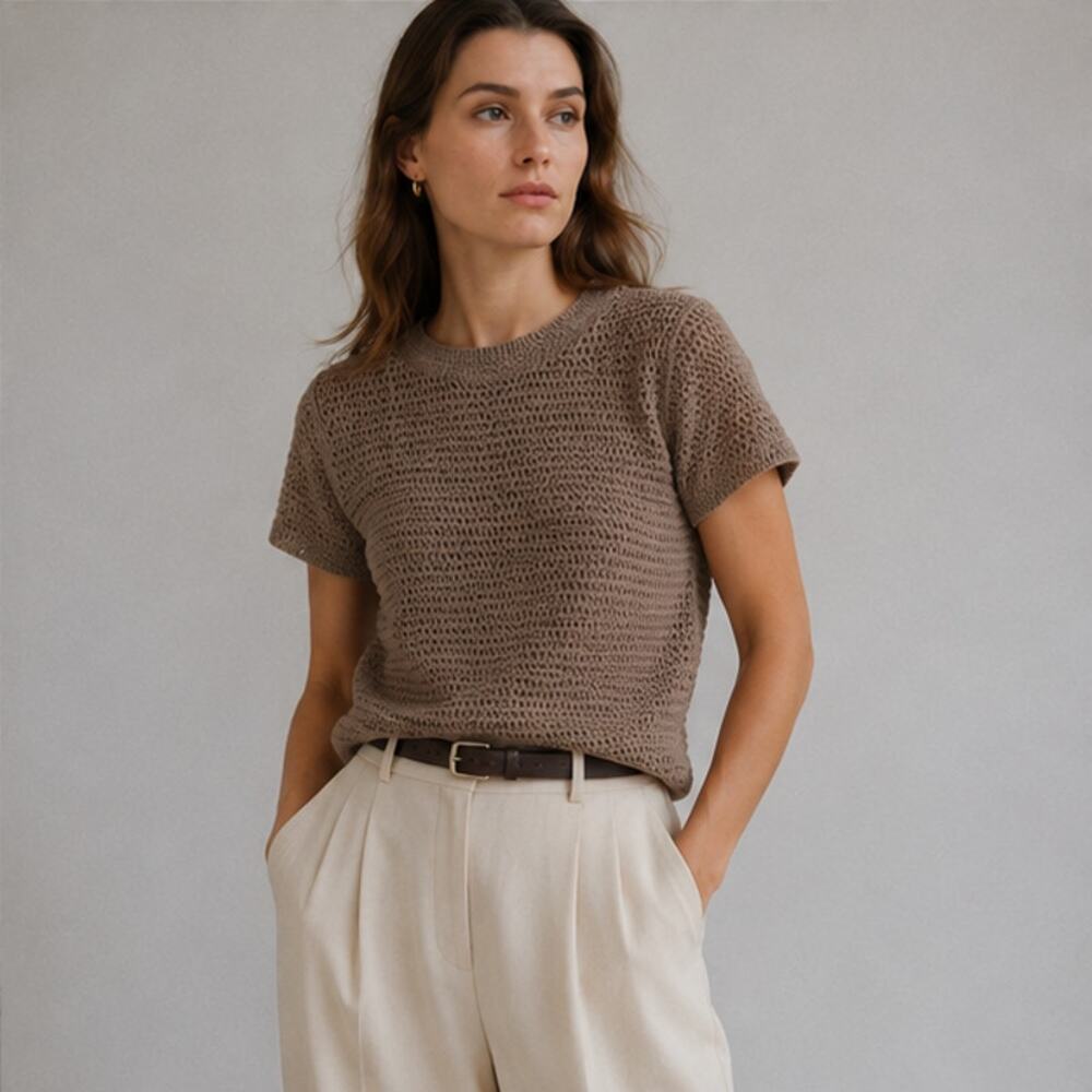 Vince Crochet T-shirt Top Womens S Brown Knit Cotton Short Sleeve Crewneck